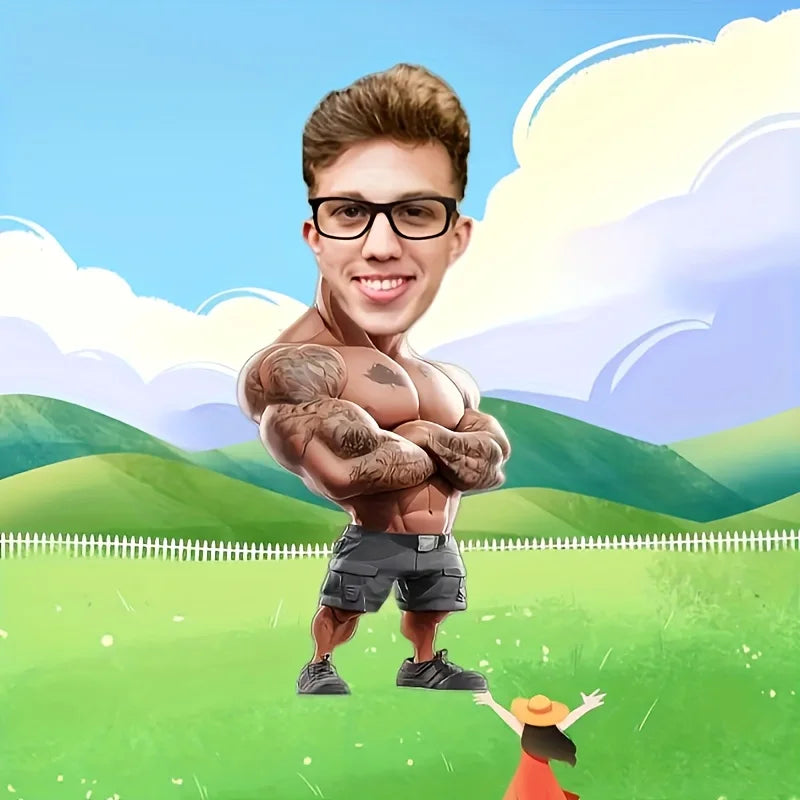 Customized muscle plush pillow with personalized facial and body design, double-sided digital printing for birthdays, Valentine's