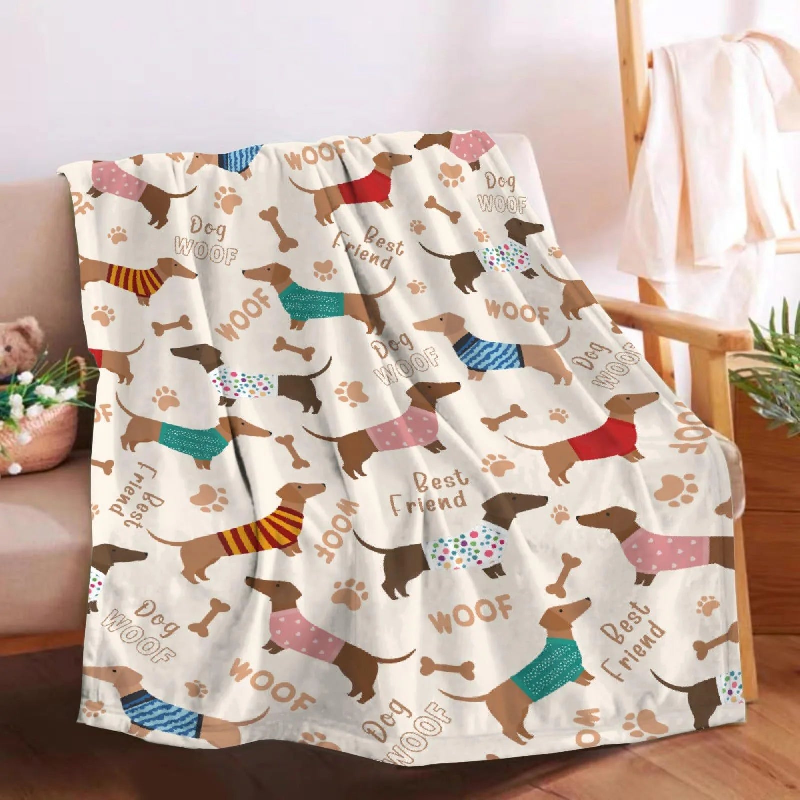 VIKAMA Cute Dachshund Blanket, Soft And Skin-Friendly Flannel Cartoon Printed Blanket, Sofa, Bedroom, Dormitory, Nap Blanket