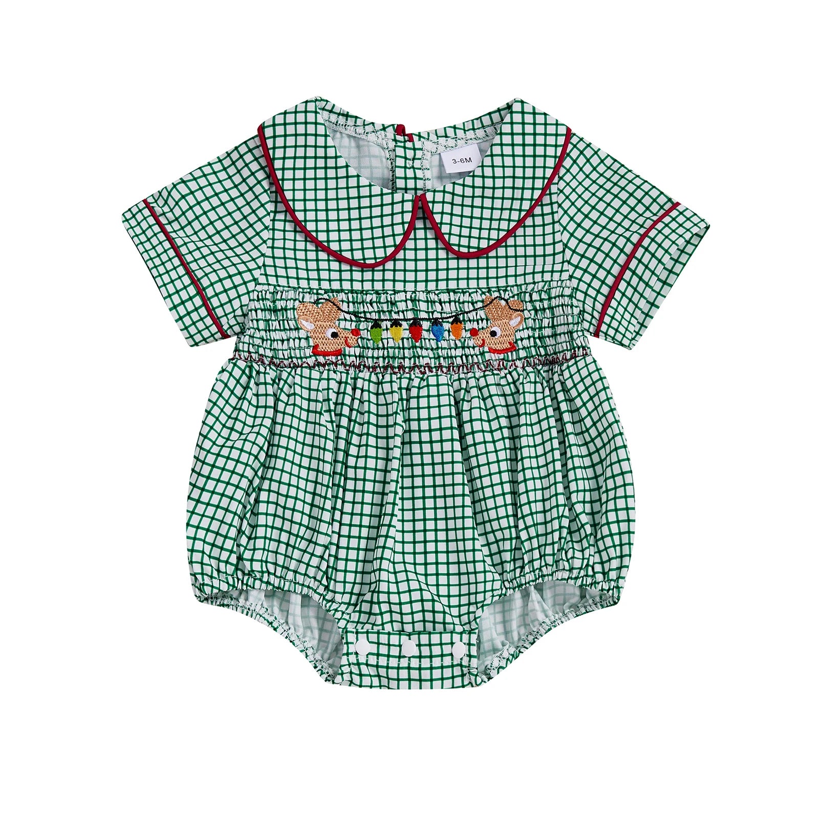 0-18M Infant Baby Girls Boys Christmas Romper Plaid Print Lamp String Embroidery Short Sleeve Doll Collar Bodysuit/Tank Jumpsuit