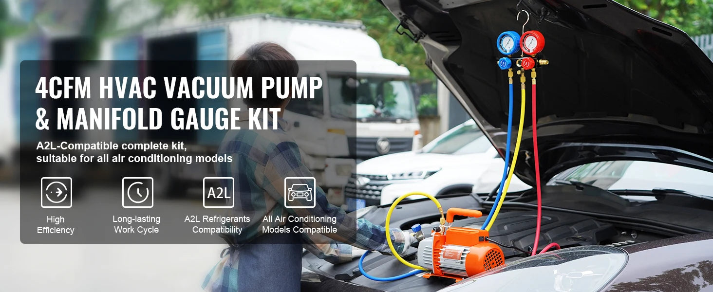 SucceBuy 3.5CFM 4CFM Single Stage Rotary Vane HVAC Air AC Vacuum Pump & A/C Refrigerant Kit Manifold Gauge Set Air Conditioning
