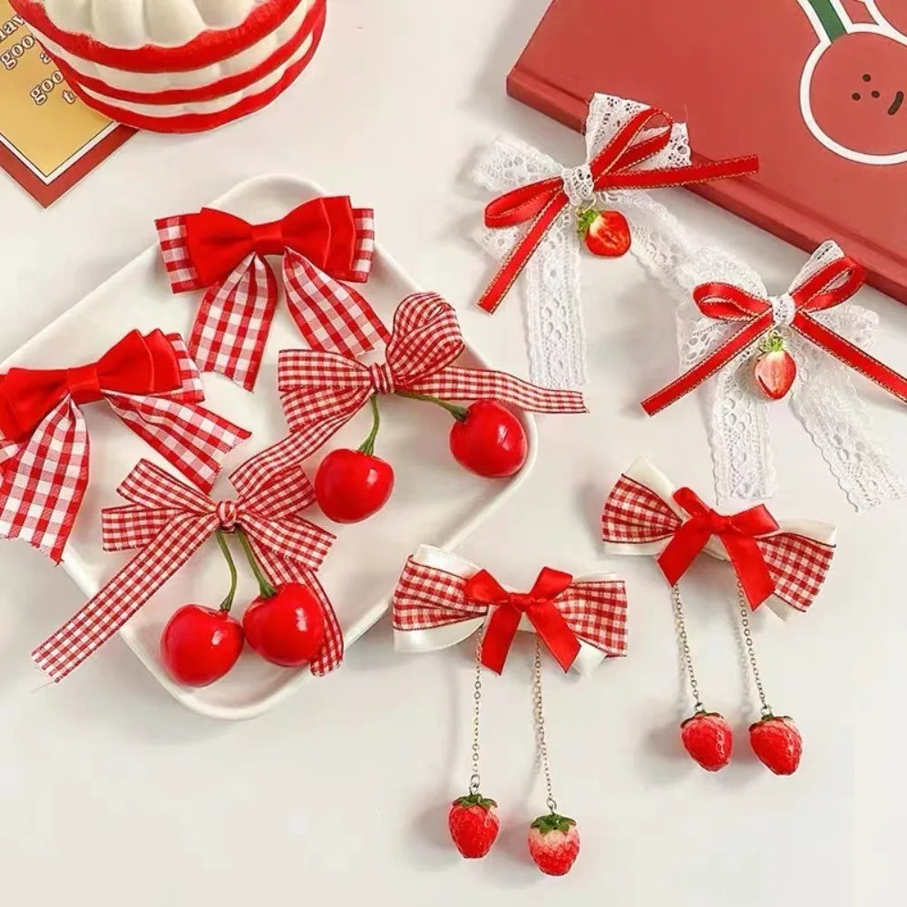 1 paire pince à cheveux cerise rouge barrettes mignonnes couvre-chefs tissu nœud fraise épingles à cheveux côté nœud fleur de tête épingles à cheveux filles