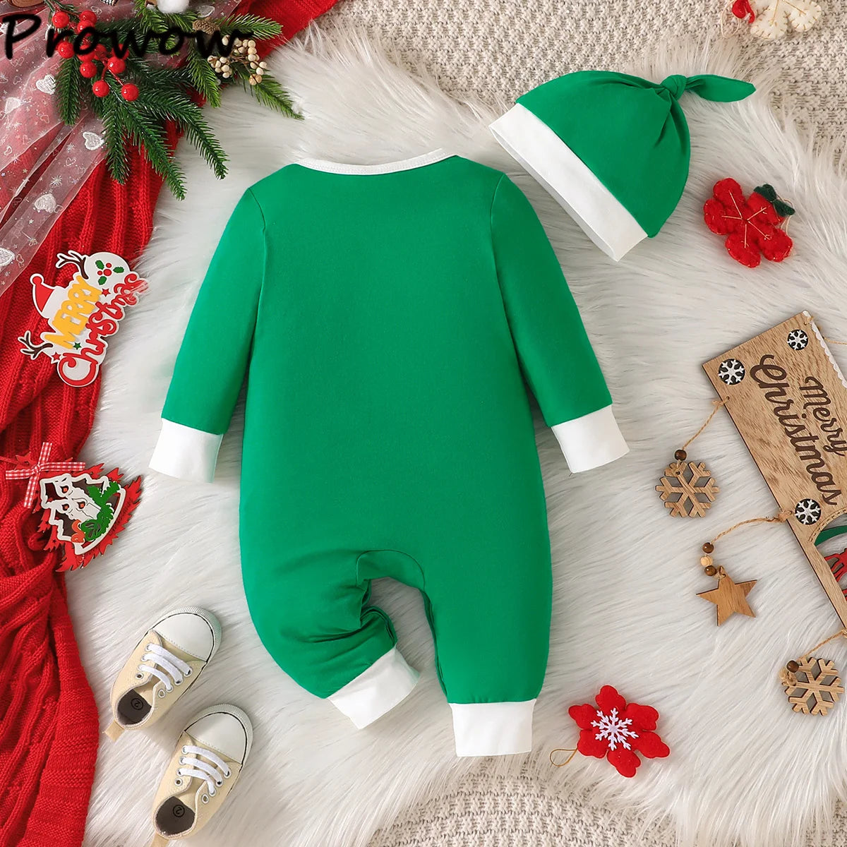 Prowow Baby Christmas Clothes 2025 Cartoon Pattern Green Romper Xmas Jumpsuit For Kids Newborn New Year Baby Costume Boy Girls