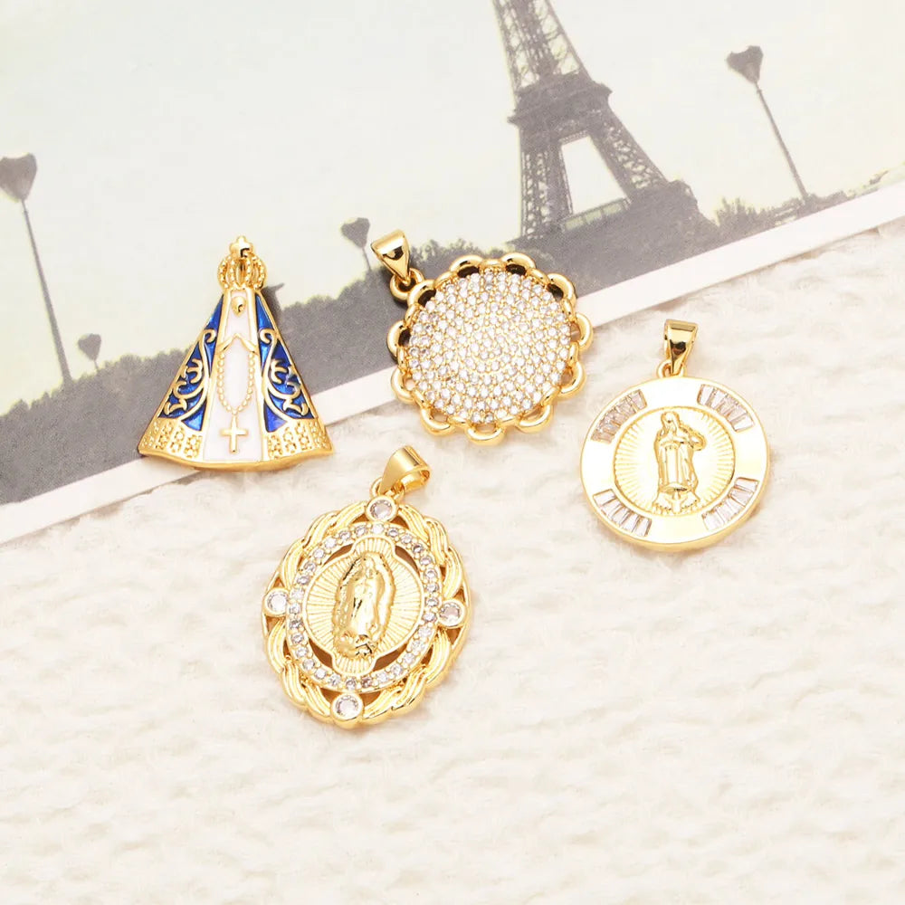 OCESRIO Blue Enamel Virgin Mary Pendant for Necklace Copper Gold Plated Crystal Round Handmade Jewelry Making Supplies pdta050