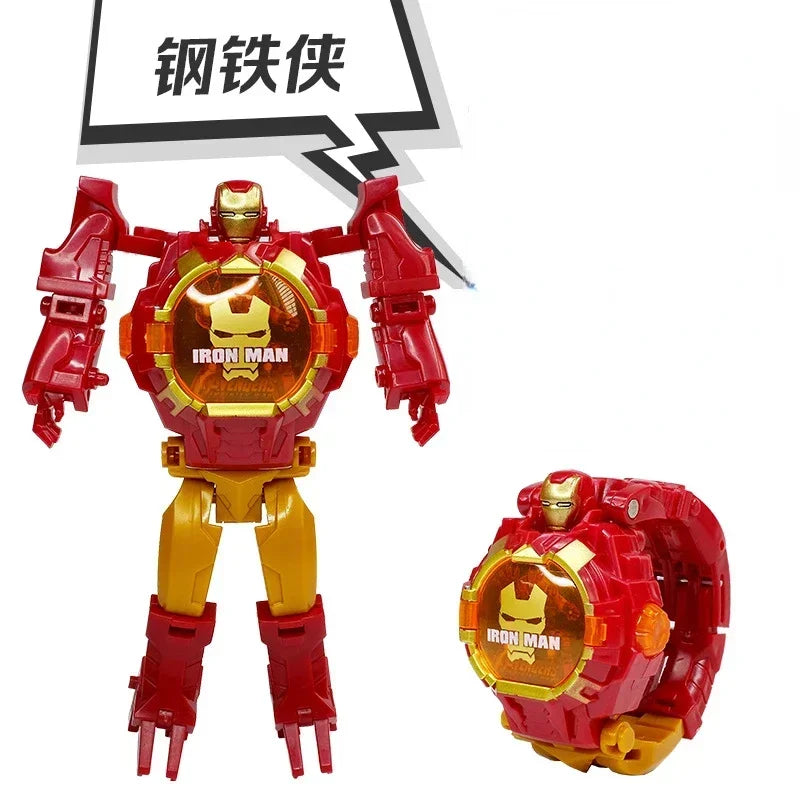 2026 Hot Marvel Iron Man Spiderman Cartoons Children's Watch Deformation Robot 3d LED Luminous Watch Children's Model Toy Watch