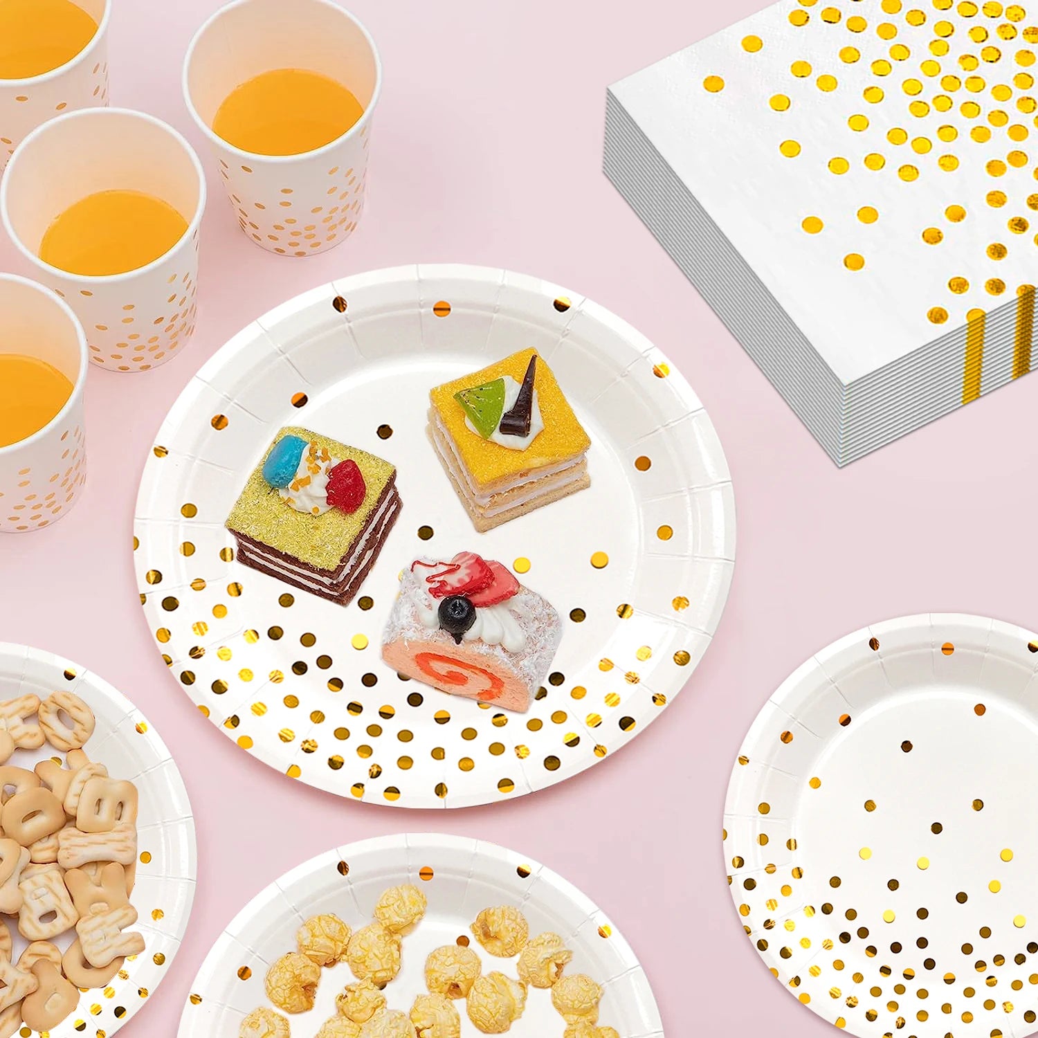 White And Gold Party Supplies 121pcs Golden Dot Disposable Party Dinnerware Set - White and Gold Party Paper Plates Cups Napkins
