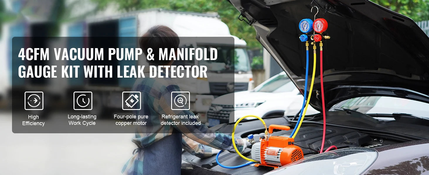 SucceBuy 3.5CFM 4CFM Single Stage Rotary Vane HVAC Air AC Vacuum Pump & A/C Refrigerant Kit Manifold Gauge Set Air Conditioning