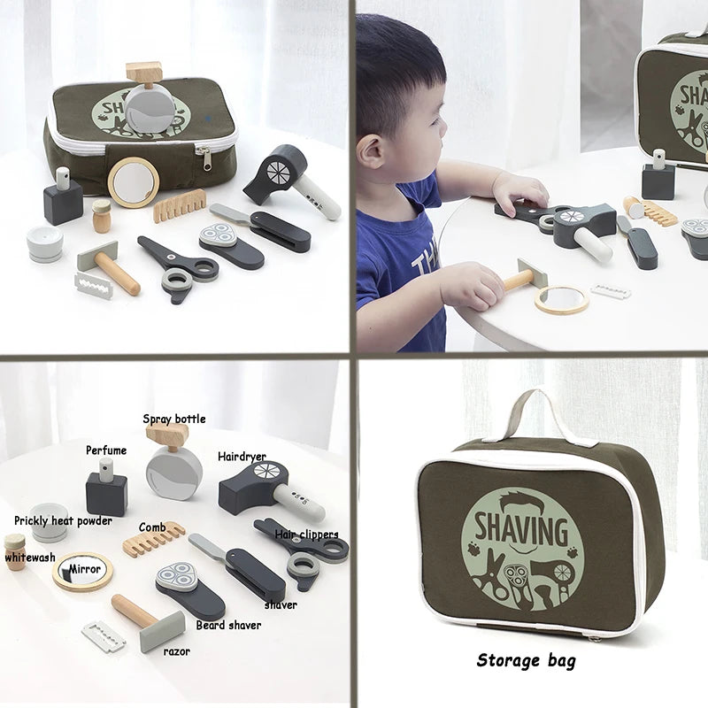 Kids Wooden Makeup Haircut Toy Beauty Fashion Salon Playset Games Combs Hair Dryer Pretend Play House Barber Makeup Kit Girl Toy
