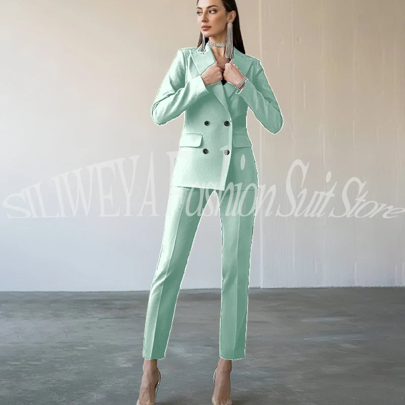 Fashion Chic Burgundy Red Purple Women Suit Double Breasted 2 Piece Jacket Pants Blazer Set Slim Fit Office Lady Female Clothing