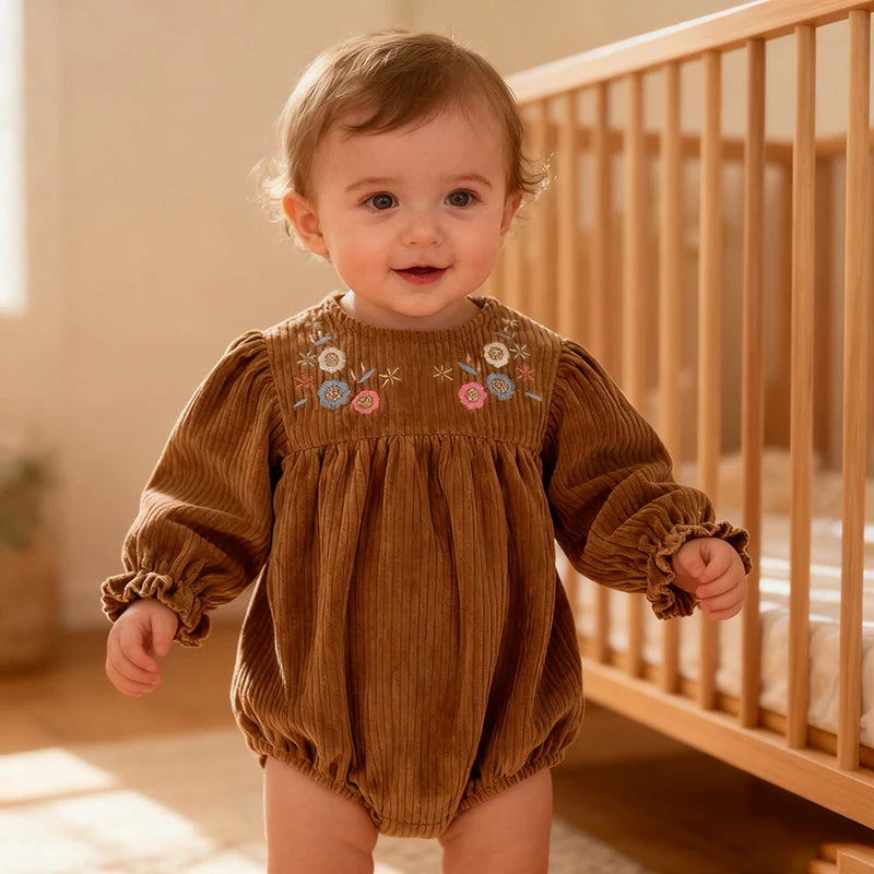 Autumn Baby Girl Clothing Spring Toddler Baby Girl Corduroy Romper Newborn Baby Girl Long Sleeve Embroidered Flowers Jumpsuit