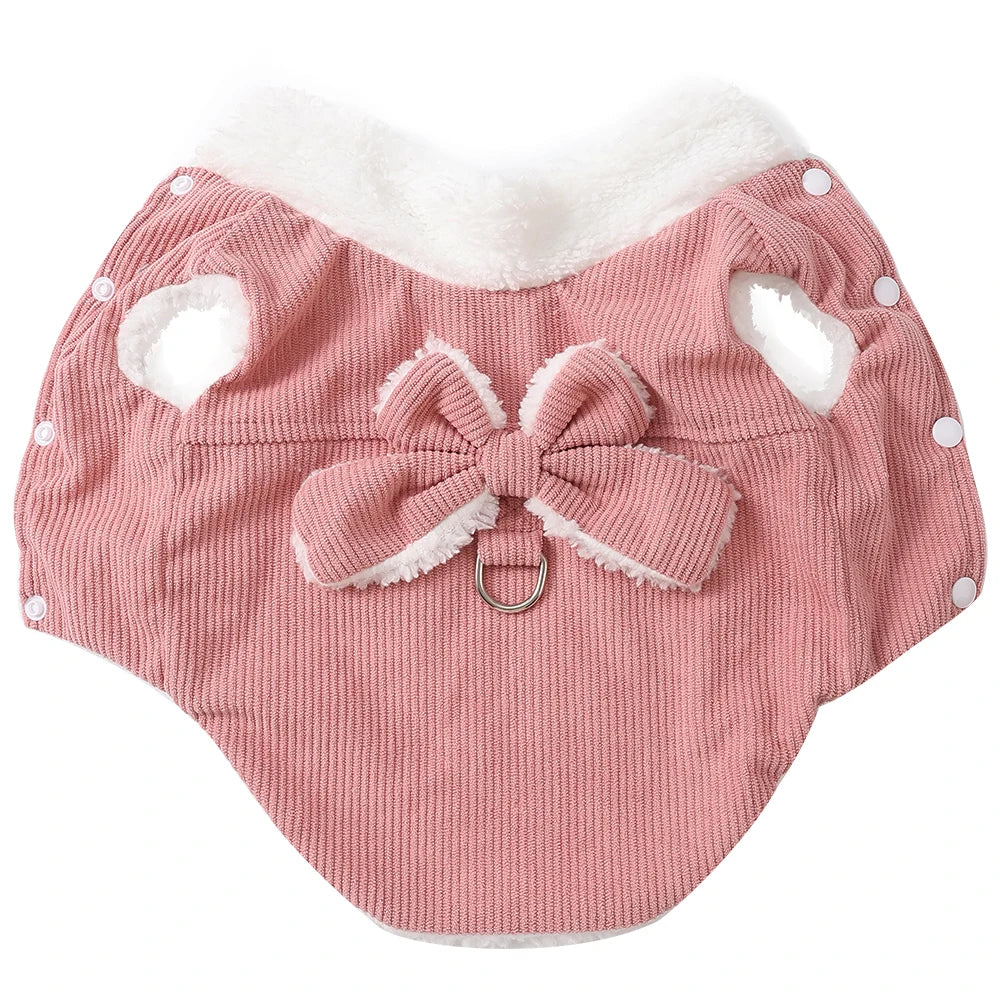 Winter Pet Clothes Cozy Thicken Fleece Solid Kitten Sweater For Small Cats Dogs Cute Bow Jacket Coat With D-Ring Sphynx Costume