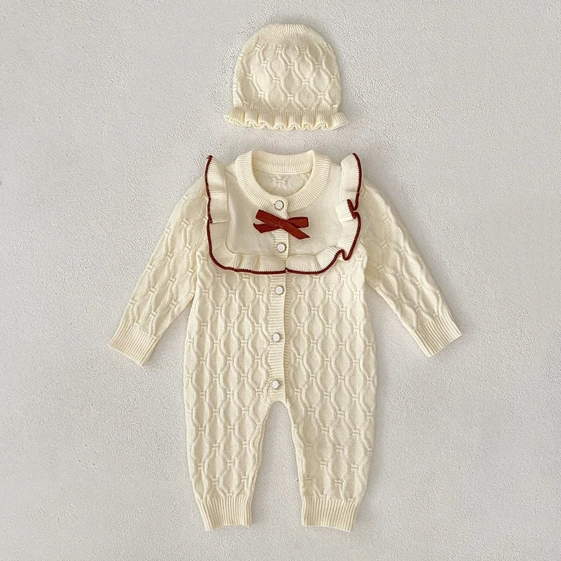 Christmas Baby Rompers Clothes Hat Autumn Winter Knitted Bow Newborn Girls Jumpsuits Fashion Solid Plain Toddler Kids Rompers