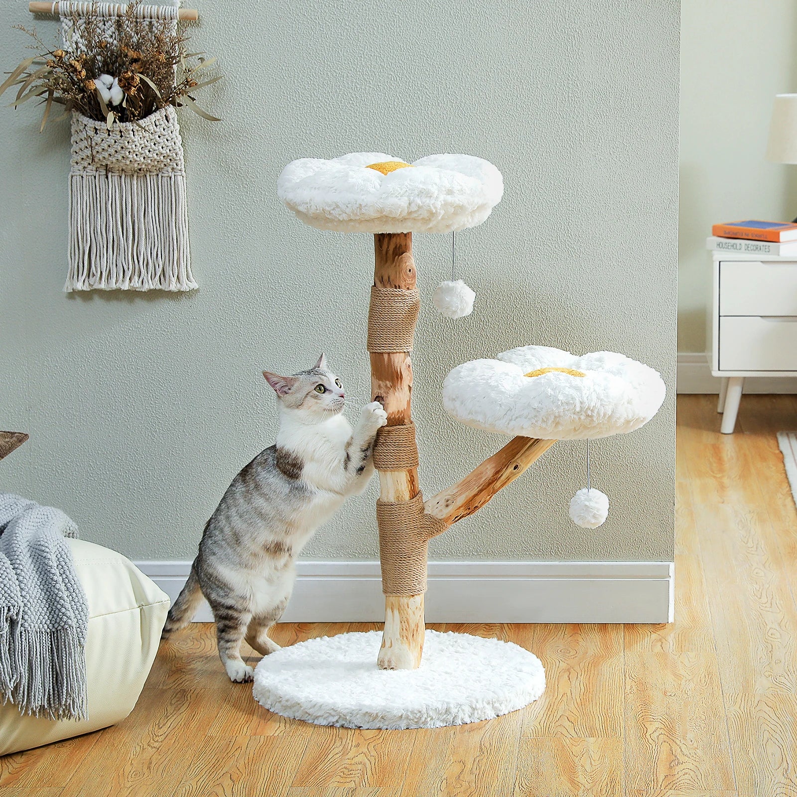 Modern Cat Tree Tower with Natural Solid Wood Scratching Posts Spacious Wicker Basket Luxury Cat Condo Bed for Indoor Cat Toys