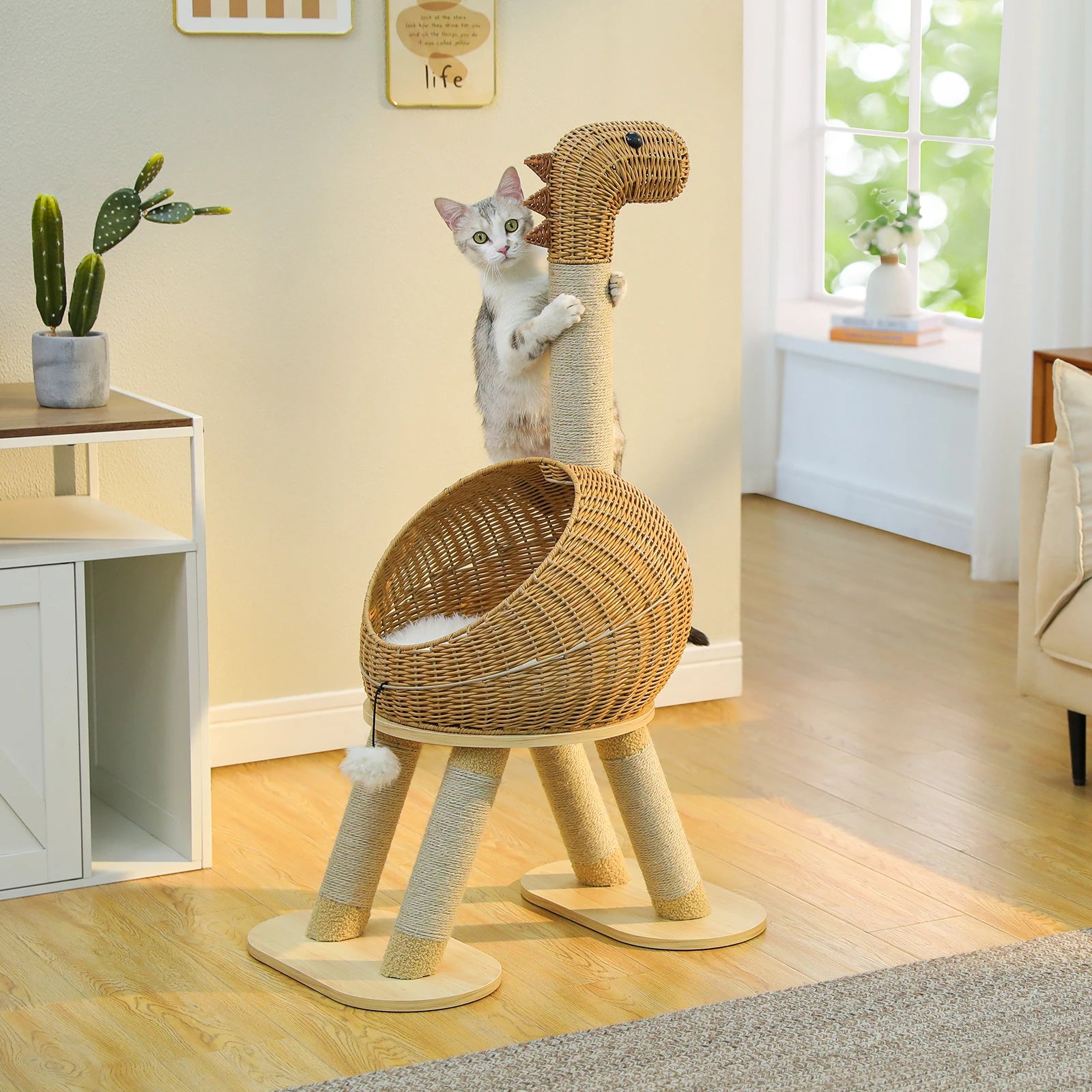 Dinosaur Cat Tree Tower with Sisal Scratching Post Large Rattan Cat Condo for Indoor Wicker Cat Bed with Removable Mat Cat Toys
