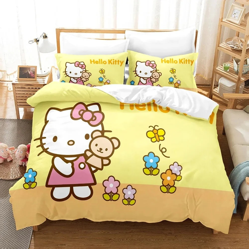 Sanrio Hello Kitty Cartoon Big Size Bedding Set Pink Cats Kawaii Duvet Cover For Girl Kids Single Decor Home Bedclothes Custom
