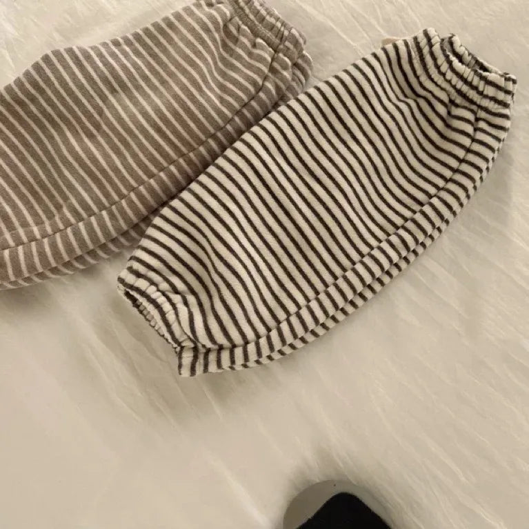 Autumn Winter Ins Infant Striped Plus Velvet Trousers Boy Baby Retro Fleece Thick Casual Pants Girl Children Warm Cotton Pants