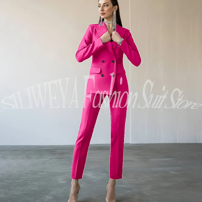 Fashion Chic Burgundy Red Purple Women Suit Double Breasted 2 Piece Jacket Pants Blazer Set Slim Fit Office Lady Female Clothing