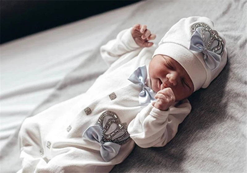 Customized Baby Name Newborn Pink Crown Jewels Gift Set 3pcs Outfits Pajamas Receiving Blanket Welcome Home Ceremonial dress