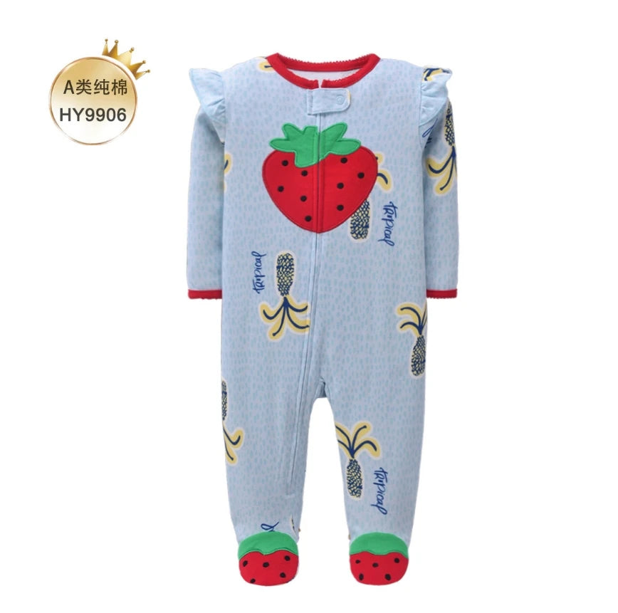 Baby Cotton Rompers Newborn Toddler Baby Boys Girls Pajamas Coveralls Cartoon Animal Dinosaur Strawberry Zipper Jumpsuit