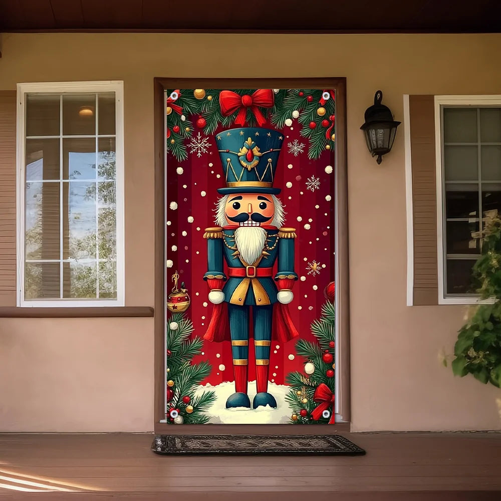 1 piece, festive walnut tongs Christmas door banner, red with gold accents, snowflake and pine tree design