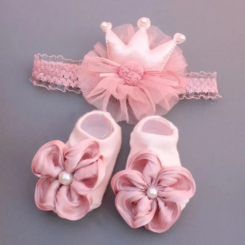 Soft Baby Headband Sock Set Comfortable Floor Socks Baby Crown Flower Headband Pink blue gold Children's Boat Socks