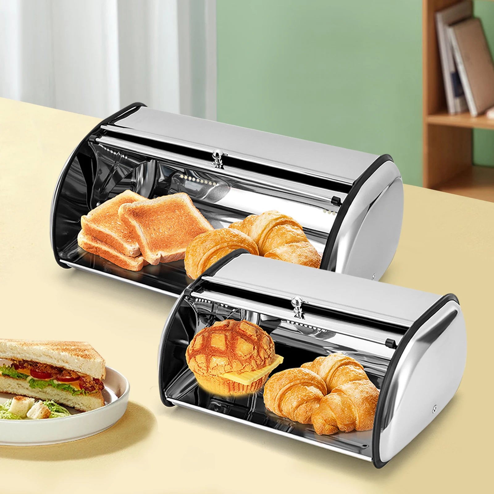 Stainless Steel Bread Box, 1.32Gal Capacity, Oval Shape, Viewing Window, Keeps Bread Fresh, Easy to Clean
