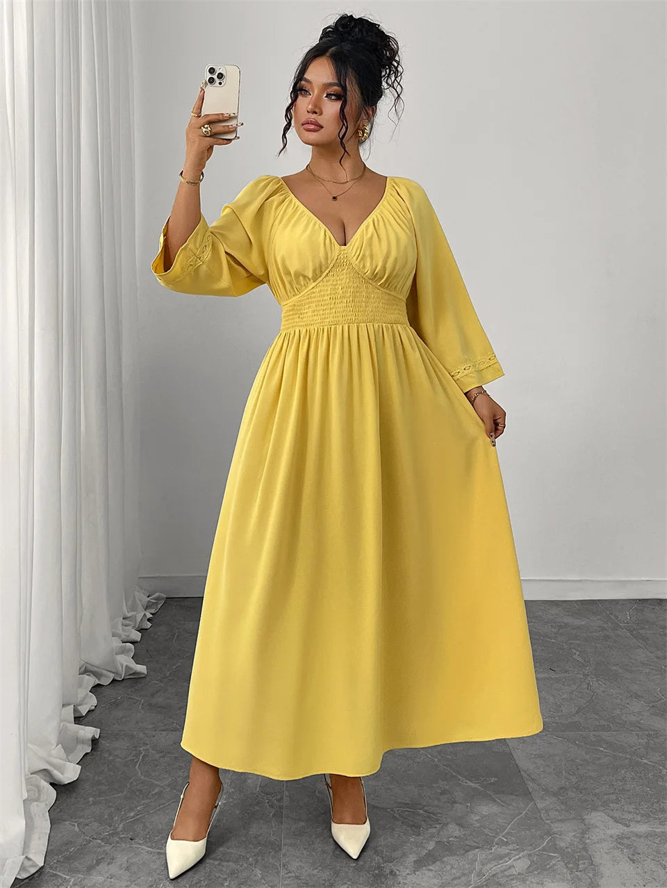 GIBSIE Plus Size Deep V-neck Sexy Long Dress Women Autumn 2025 New Solid Party Elegant High Waist Elastic A-Line Dresses