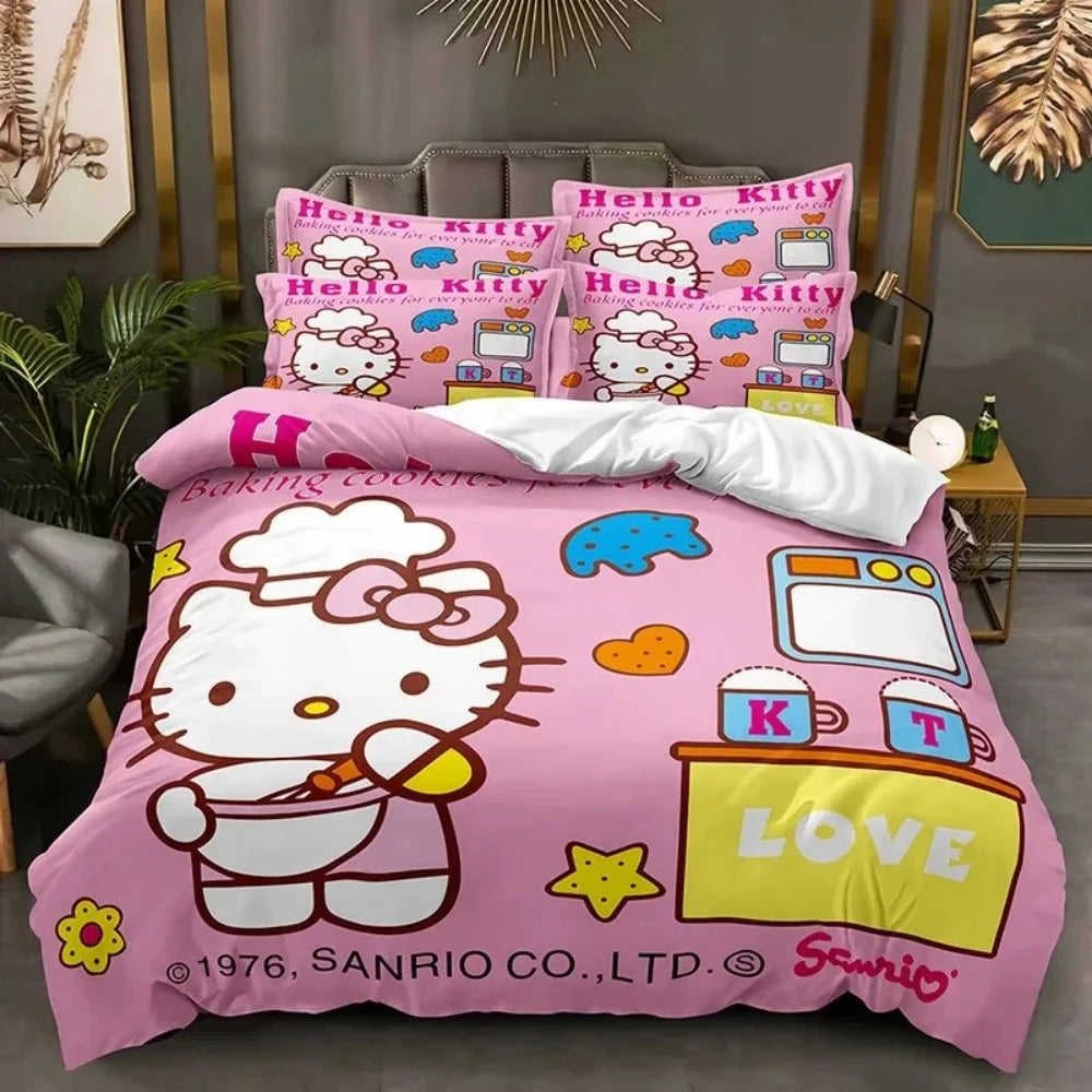 Sanrio Hello Kitty Cartoon Big Size Bedding Set Pink Cats Kawaii Duvet Cover For Girl Kids Single Decor Home Bedclothes Custom