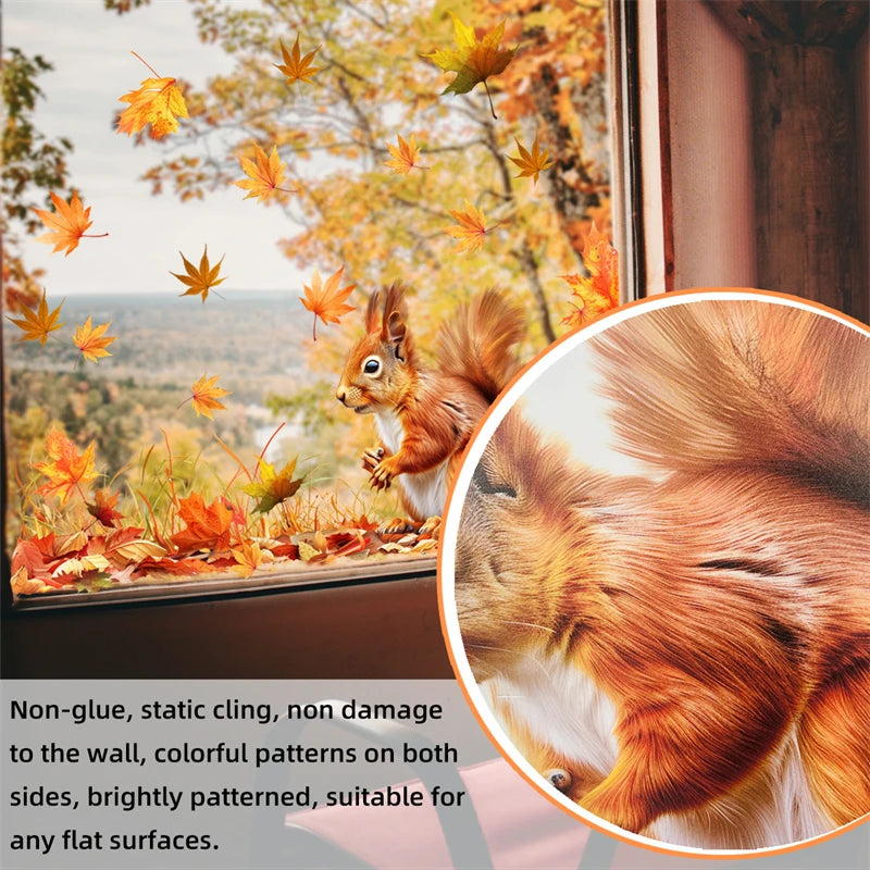 Maple Leaf Squirrel Double-sided Printed Static Window Stickers Autumn Family Thanksgiving Atmosphere Decoration Glass Stickers