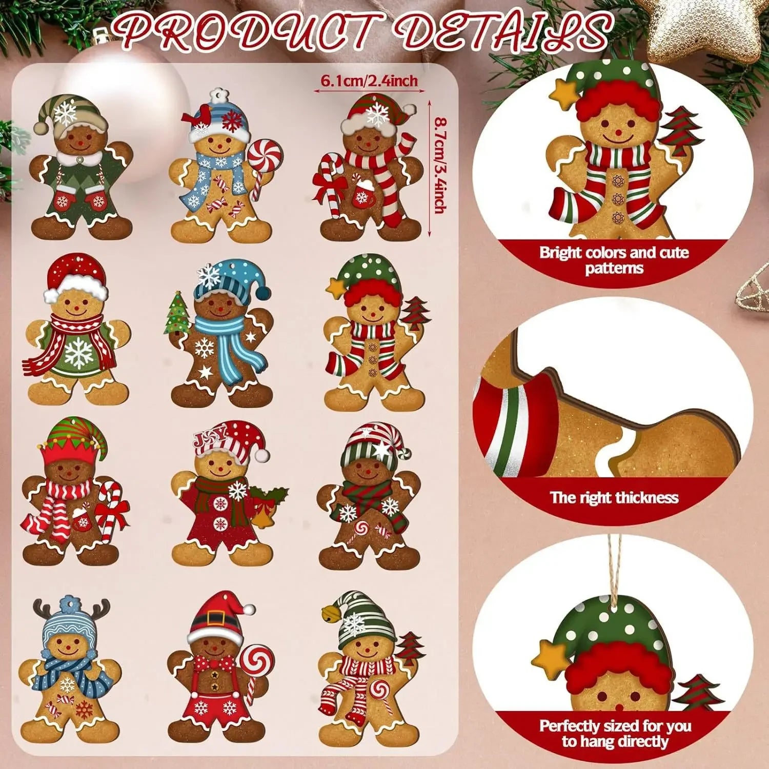 Gingerbread Man Ornaments Set Christmas Tree Wooden Hanging Decorations Pendants Cute Cartoon Xmas DIY Hangings Home Decoration