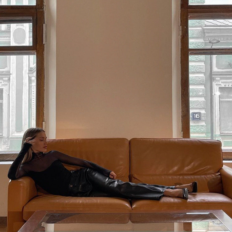 Bodysuit Women Sexy Transparent Turtleneck Festivals Outfits Mesh Top Long Sleeve Tees Sexy Woman Costume See Through Leotard