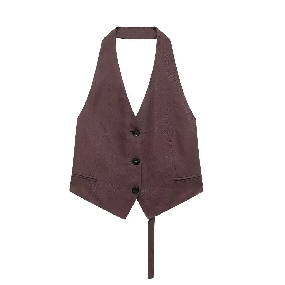 KONDALA Vintage Chic Women Suit Solid Halter Backless Vest Straight Button Loose Pants Fashion 2025 Autumn Office Lady Set