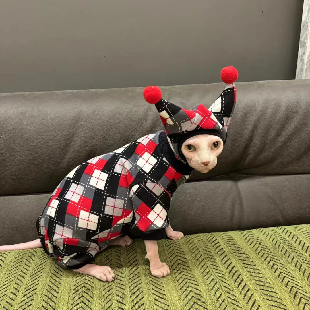 4-Legged Striped Cotton Coat for Sphynx Cat Blue Long Sleeves Jumpsuit for Kittens Devon Rex Soft Brick Red Winter Undershirt