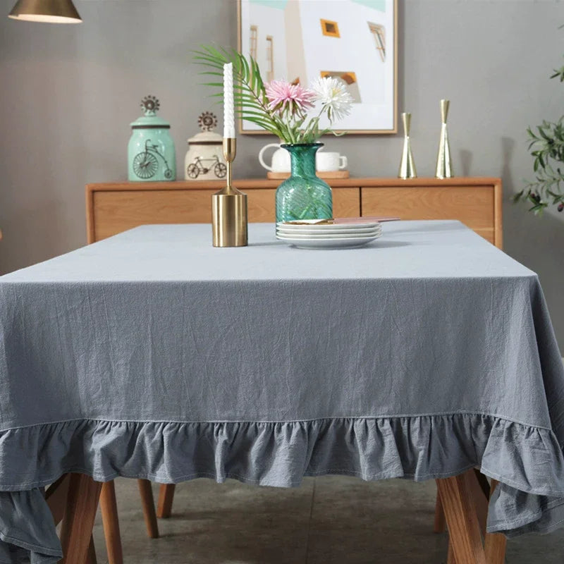 Solid Color Ruffled Tablecloth Cotton Rectangular Square Table Cover Decoration for Kitchen Dinning