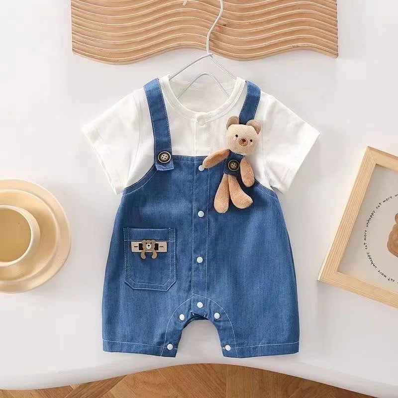 Baby Denim Overalls Romper – Thin Summer Jumpsuit with Bear Print, Cute Crawling Outfit for Boys & Girls 0-24 Months
