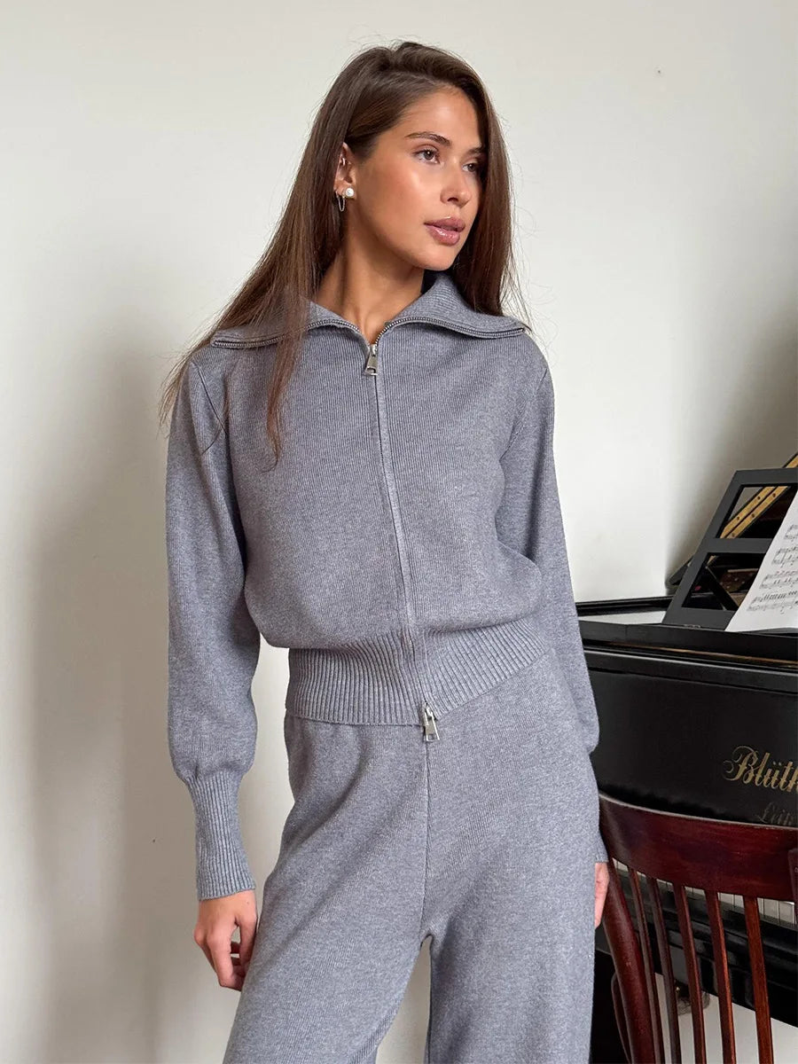 Zipper Front Knitted Long Sve Wide Leg Pants Two Piece Set for Women Autumn Winter Pure Color Faion Ensemble