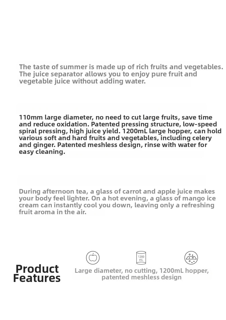 Large-Caliber Juicer Household Automatic Juicer Low-Speed Slag Juice Separation Food Grade 304 Stainless Steel Easy to Clean