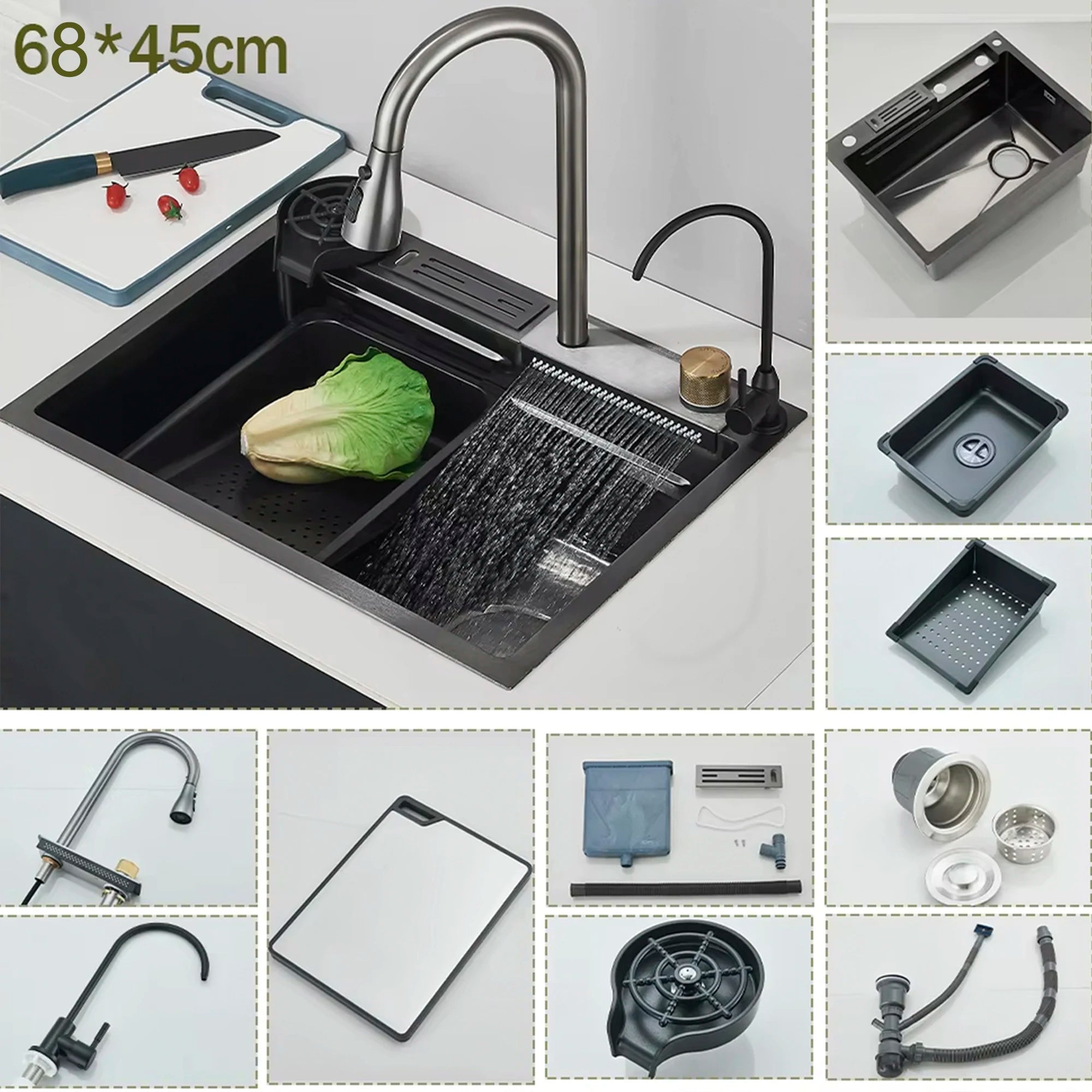 304 Stainless Steel Waterfall Kitchen Sink Large Single Slot Integrated 80X45cm Faucet Set Soap Dispenser Pure Water Tap