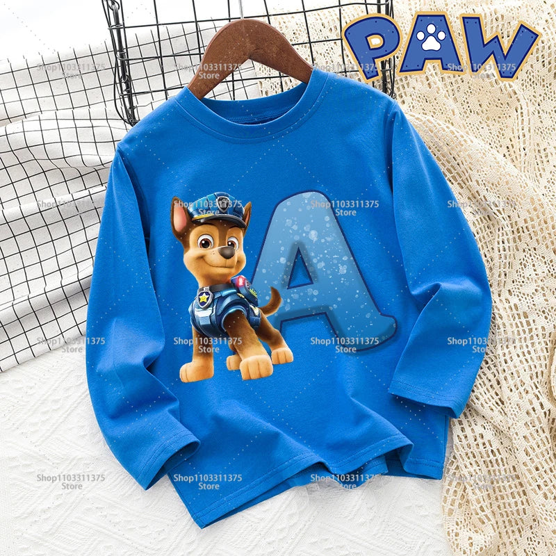 Cute PAW Patrol T-shirt Letter A-Z Print Top Long Sleeve Fashion Summer Boys Clothes Cartoon Kids Birthday Gift Outdoor Wear Tee