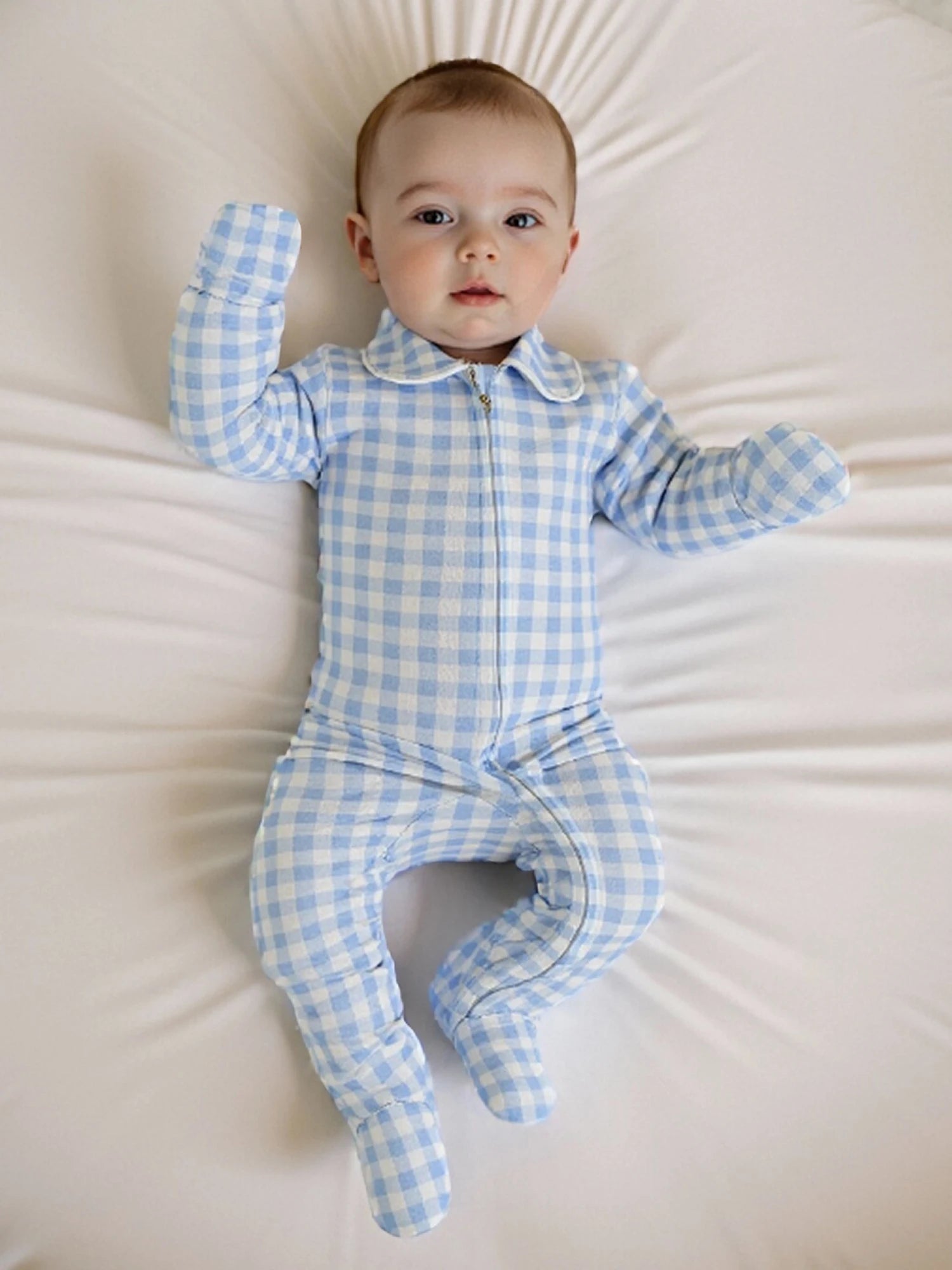 Pudcoco Infant Newborn Baby Fall Romper Plaid Print Doll Collar Long Sleeve Zip Up Footed Jumpsuit 0-6M