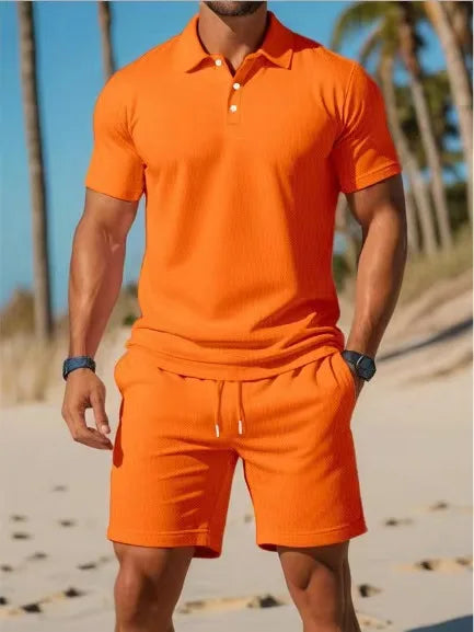 Men's Clothing Summer New Men's Casual Sports two-piece Mesh ventilation Breathable   Lapel Polo Shirt Short-Sleeved Suit