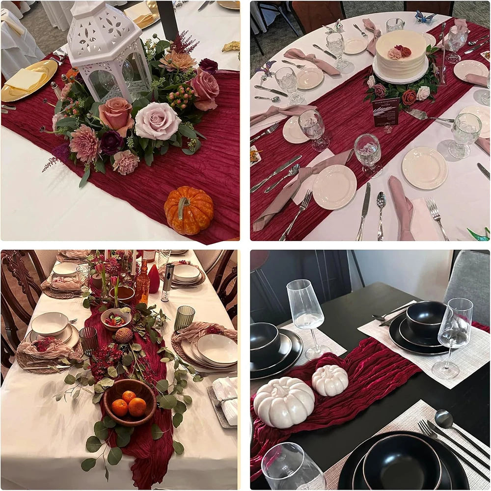 Christmas Green Red Burgundy Cheesecloth Table Runner Boho Rustic Gauze Terracotta Table Runner for Wedding Party Birthday Decor