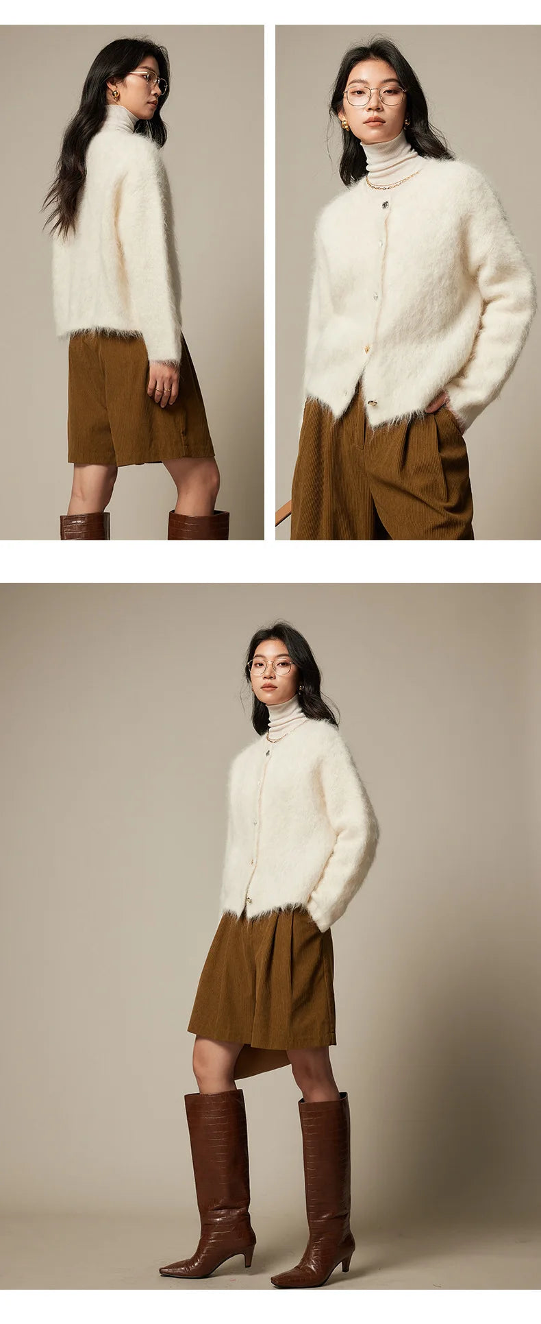 Winter Alpaca Wool Knitted Cardigan Women Soft Round Neck Single Breasted Loose Button Sweater Coat