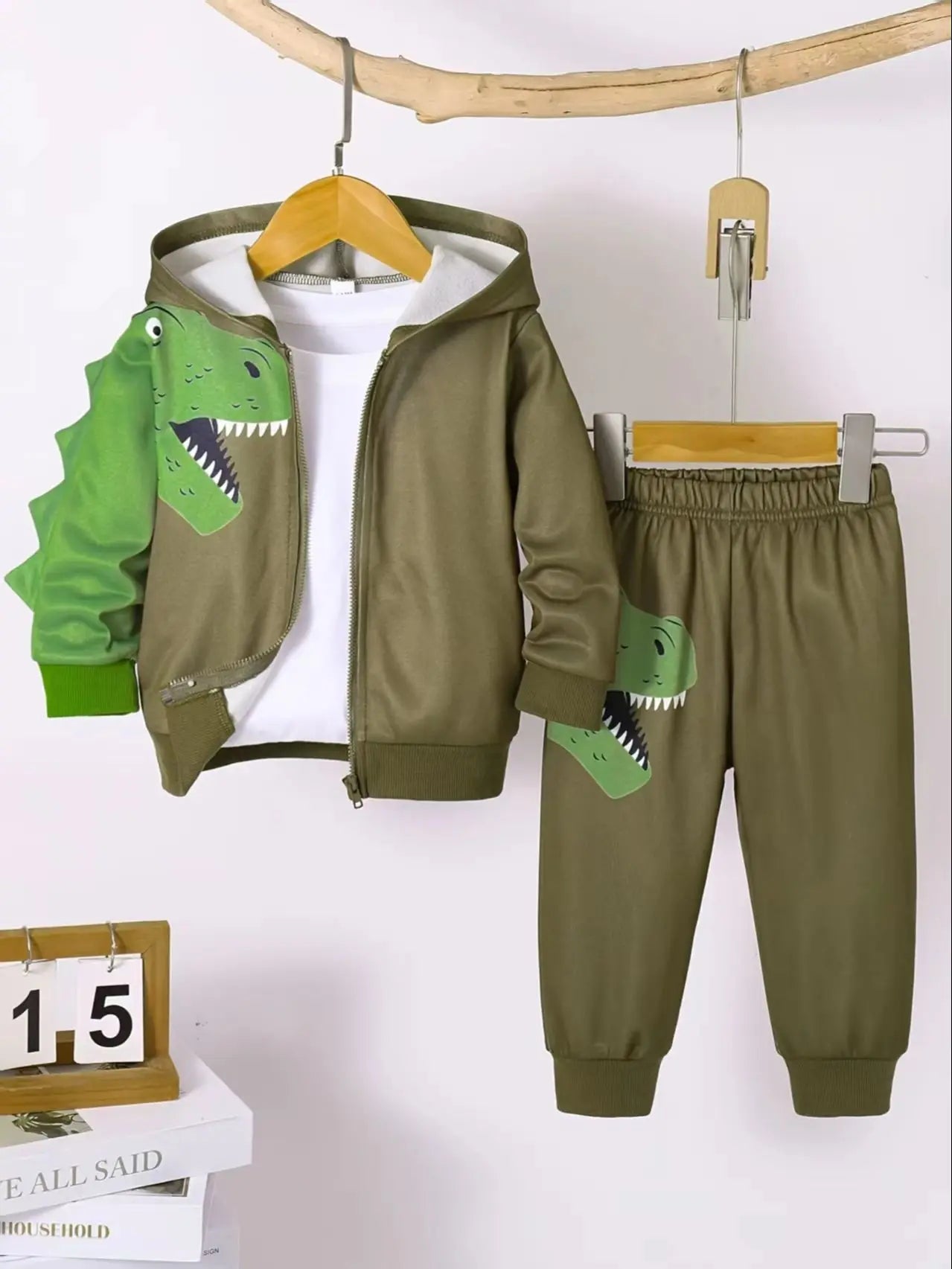 Spring Autumn Baby Boy Dinosaur Print Long Sleeve Hooded Jacket And Trousers Cute Two-Piece Set for Toddlers And Infants