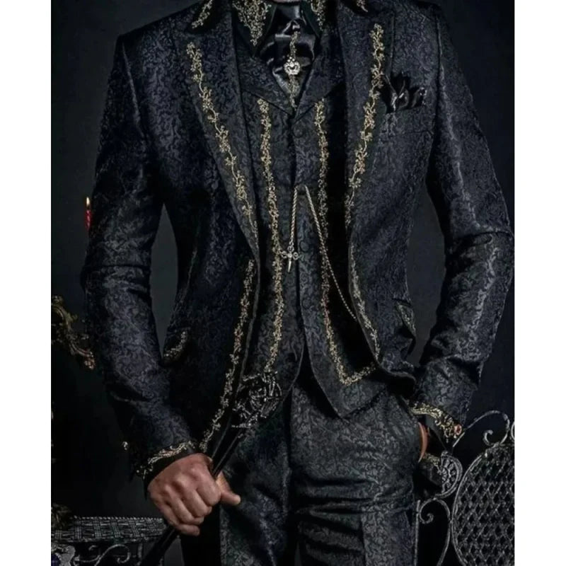 Elegant Black Jacquard Men Suits Embroidery Single Breasted Slim Fit 3 Piece Jacket Pants Vest Male Clothing Blazer Terno 2024