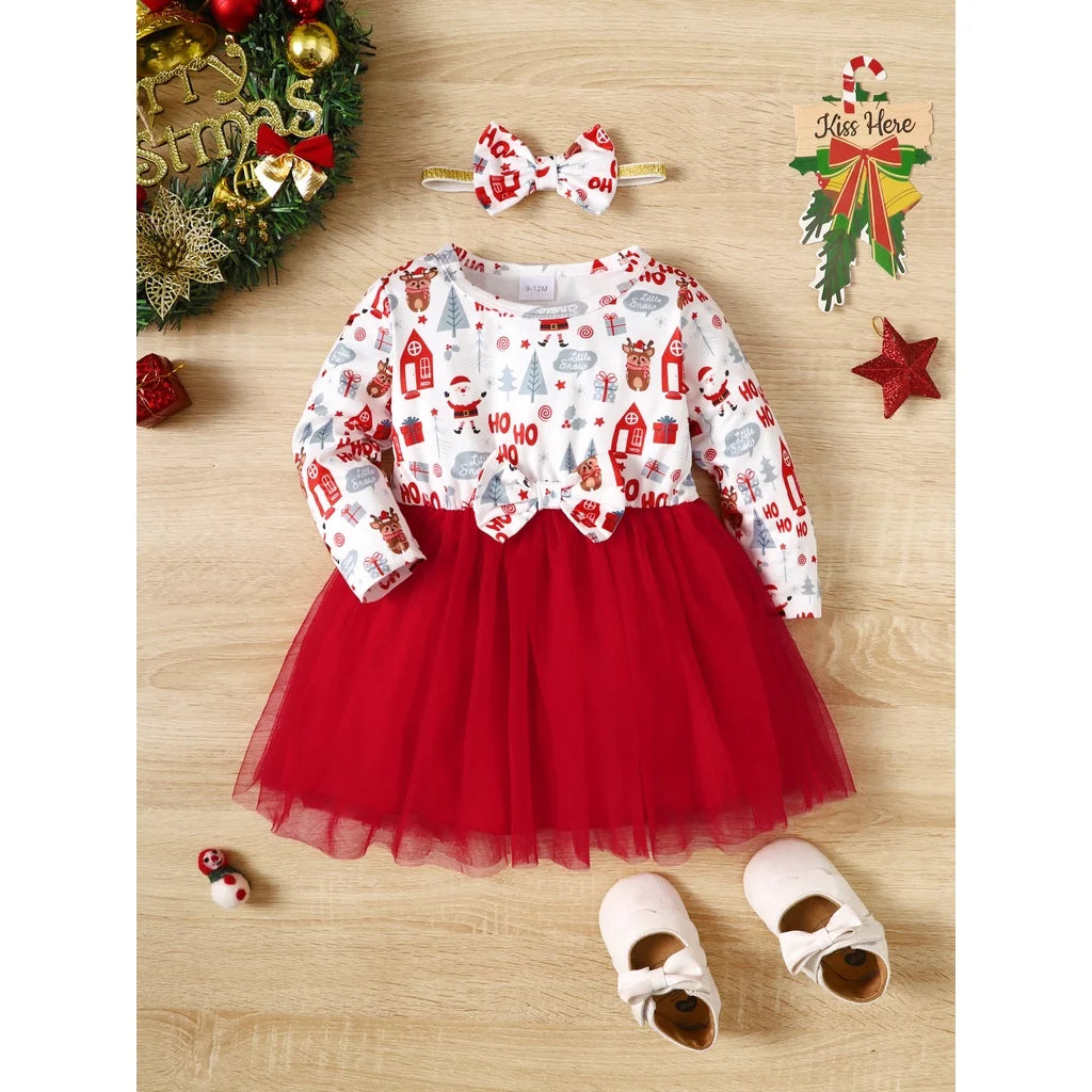 3-24 Months Toddler Baby Girl 2pcs Clothes Set Long Sleeve Christmas Print Dress with Headwear Fashion Holiday Style Daliy Wear