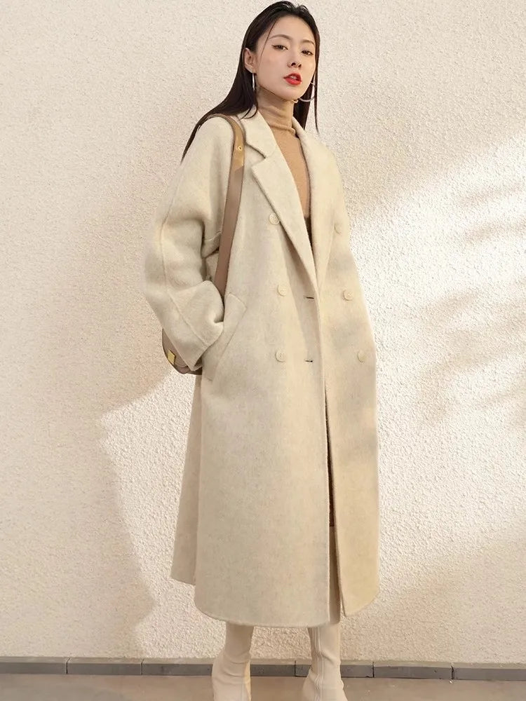 High Grade Gray Double-Sided Cashmere Coat For Women In Autumn And Winter With Hand Sewn Lapel And Double Breasted Long Coat