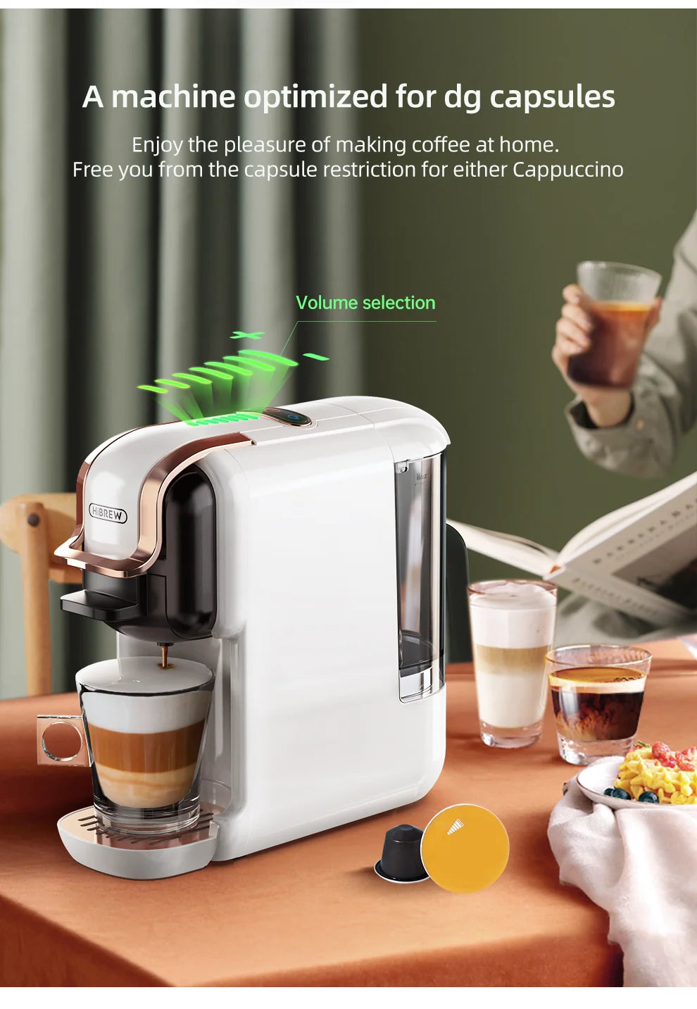 HiBREW 5 in 1 Multiple Capsule Coffee Machine Hot/Cold DG Cappuccino Nes Small Capsule ESE Pod Ground Coffee Cafeteria 20Bar H2B