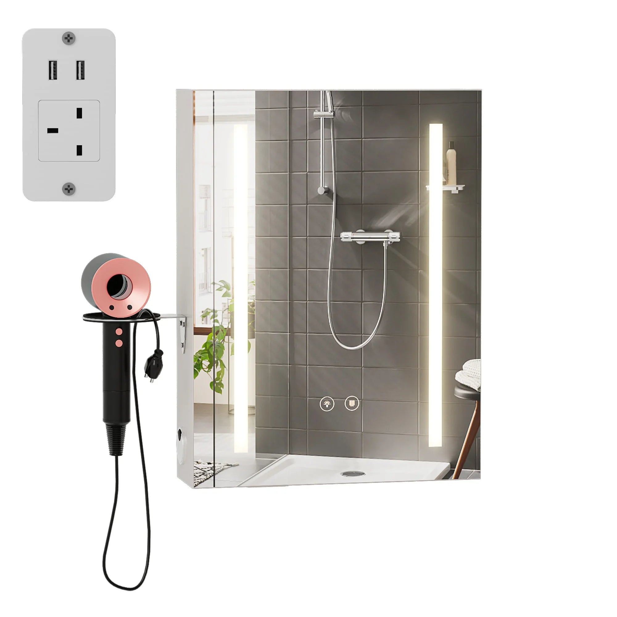3-colour memory defogger, dimmer mode, LED bathroom mirror, wall-mounted bathroom cabinet, medicine cabinet with adjustable shelf.