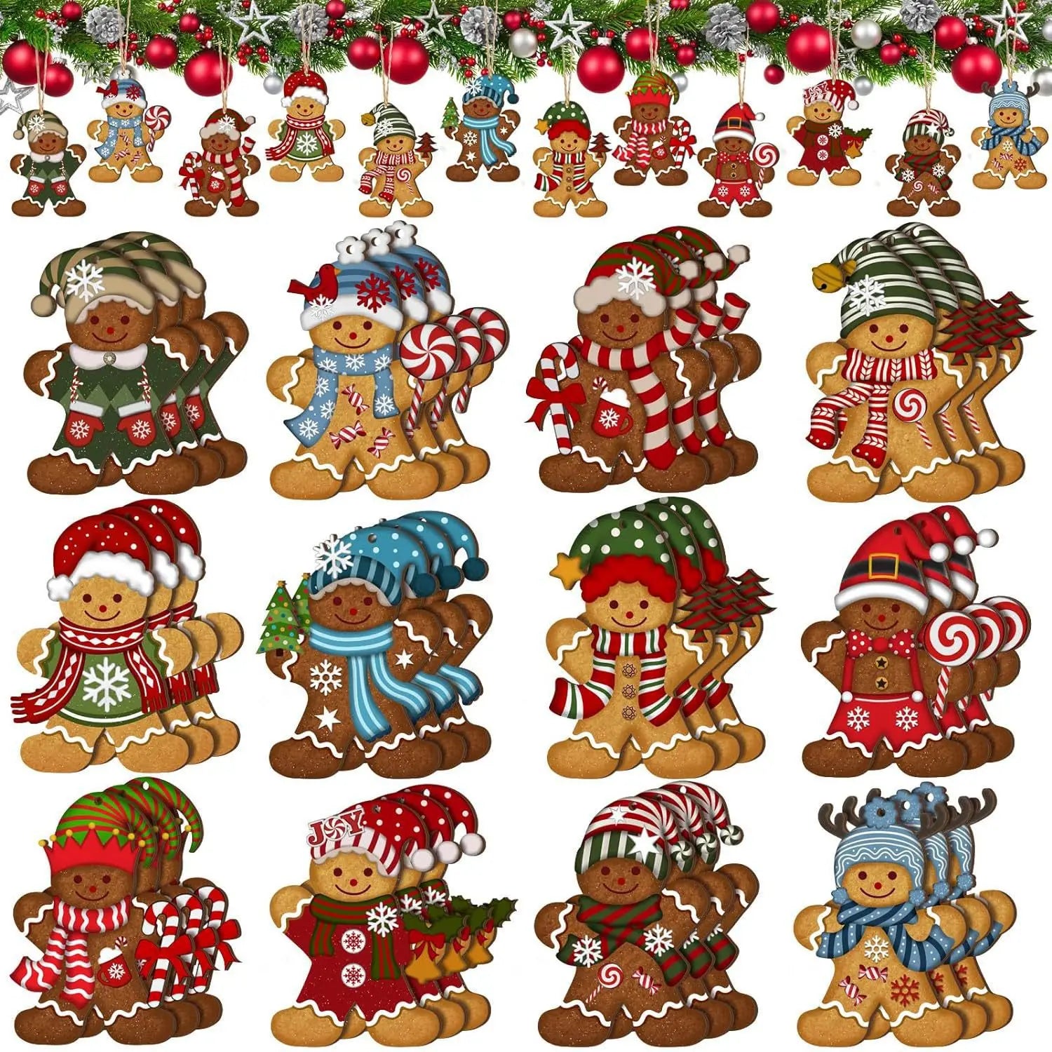 Gingerbread Man Ornaments Set Christmas Tree Wooden Hanging Decorations Pendants Cute Cartoon Xmas DIY Hangings Home Decoration