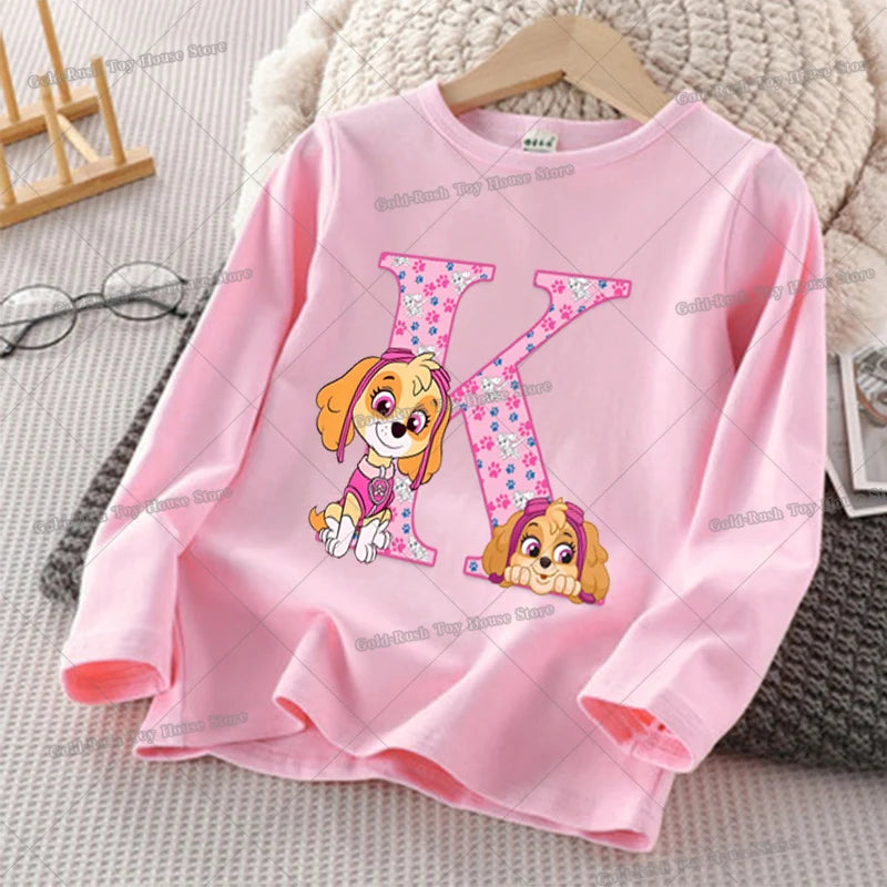 Paw Patrols Skye Letter A-Z T-shirt for Girl Long Sleeve Cotton Tops Cute Cartoon Print Children Tee Autumn Casual Kids Clothes